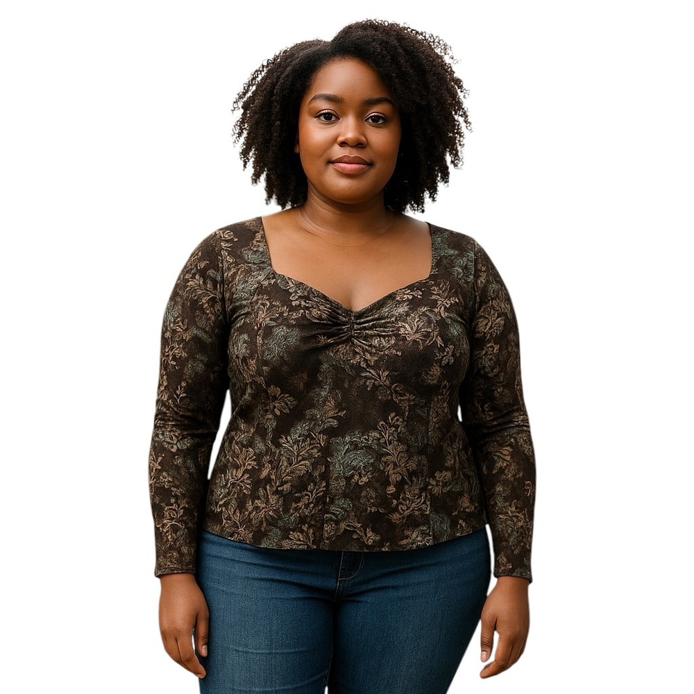 Jones New York Paisley Print Peasant Blouse Size 1X Brown Blue Cream